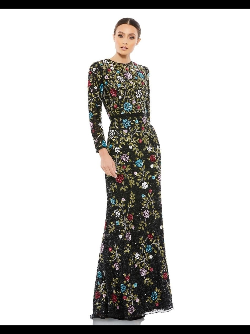 Mac Duggal Black Floral Embroidered Long-Sleeve Evening Gown